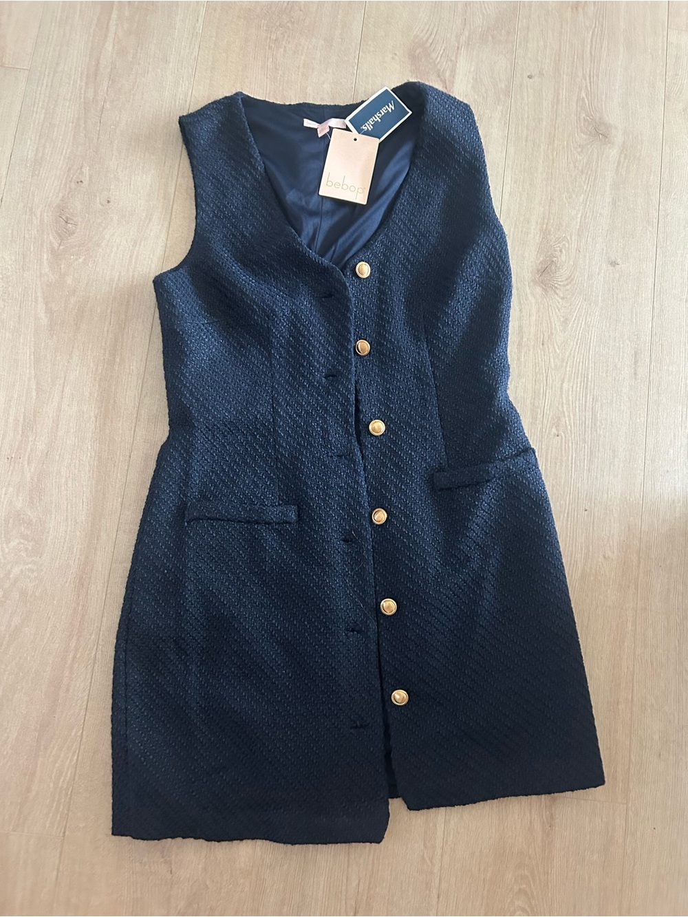 BeBop Navy Textured Sleeveless Button Dress with Gold Buttons